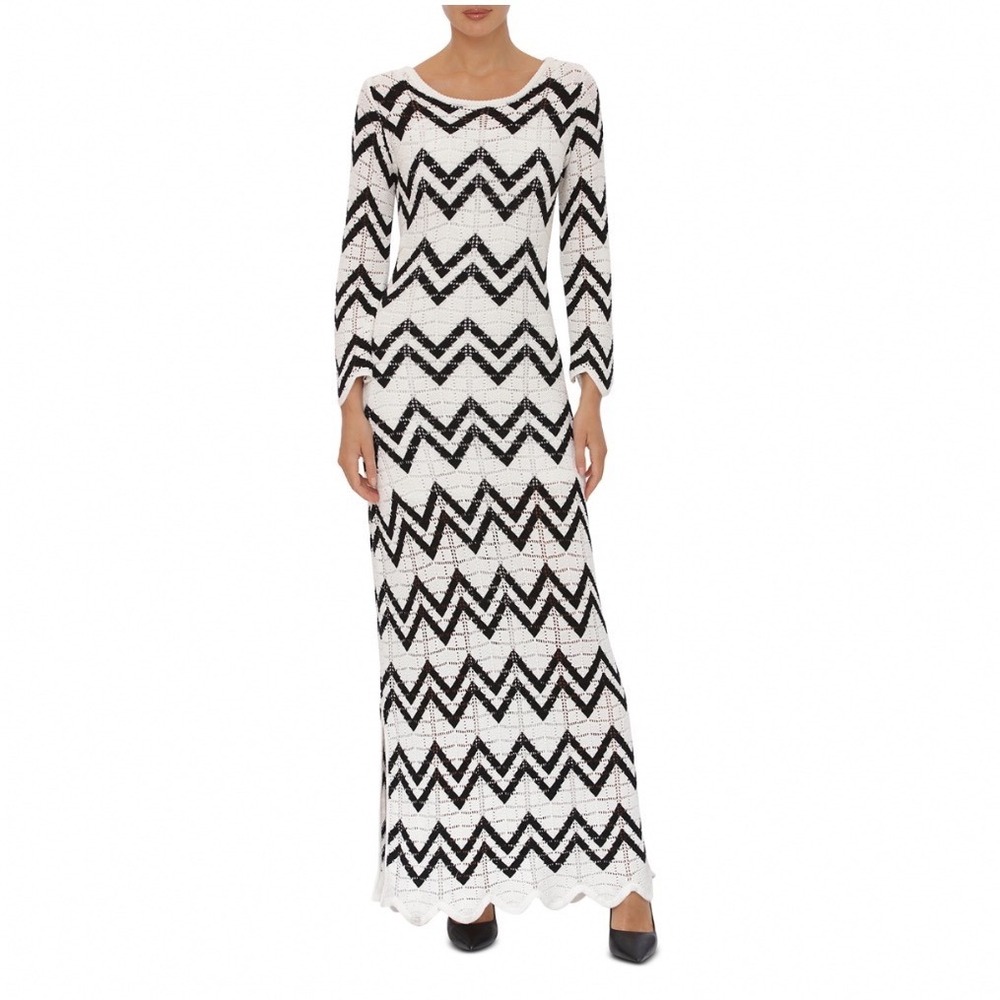 Bagatelle Chevron Knit Sweater Dress‎ Black Cream Boat Neck Maxi Large New